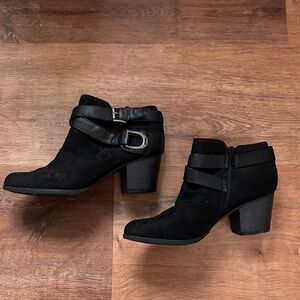 Indigo Black Suede Ankle Booties with Buckle Strap